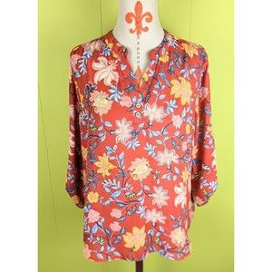 Cure Women's L Blouse Tunic Top Rust Red Floral 3/4 Roll Tab Sleeve V-Neck Poly